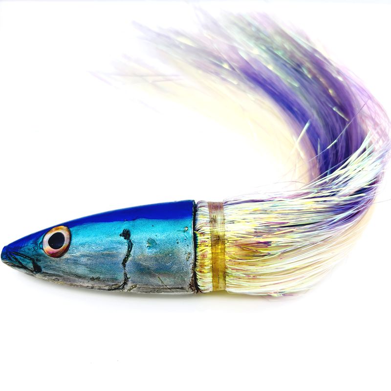 Aliʻi Kai Fish Head Lure Opelu 7” Blue Skirted Flashabou  New Old Stock