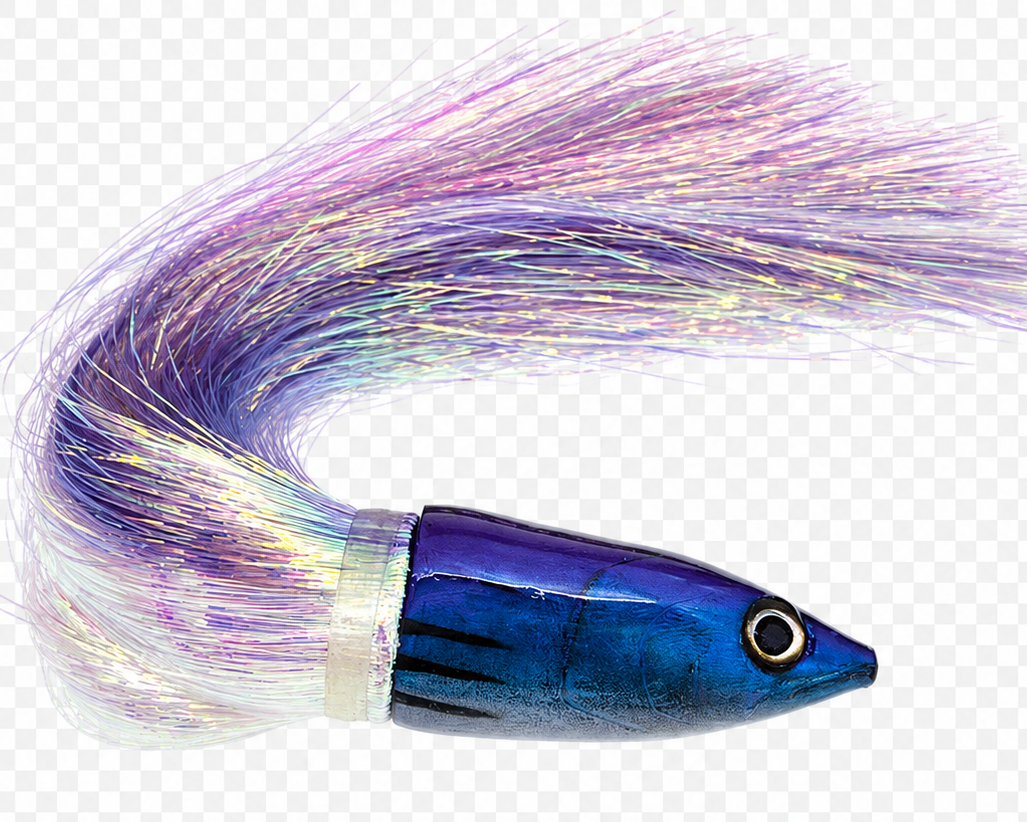 Alii Kai Lures Baby Aku Fish Head 10" Blue & Purple Skirted Flashabou New