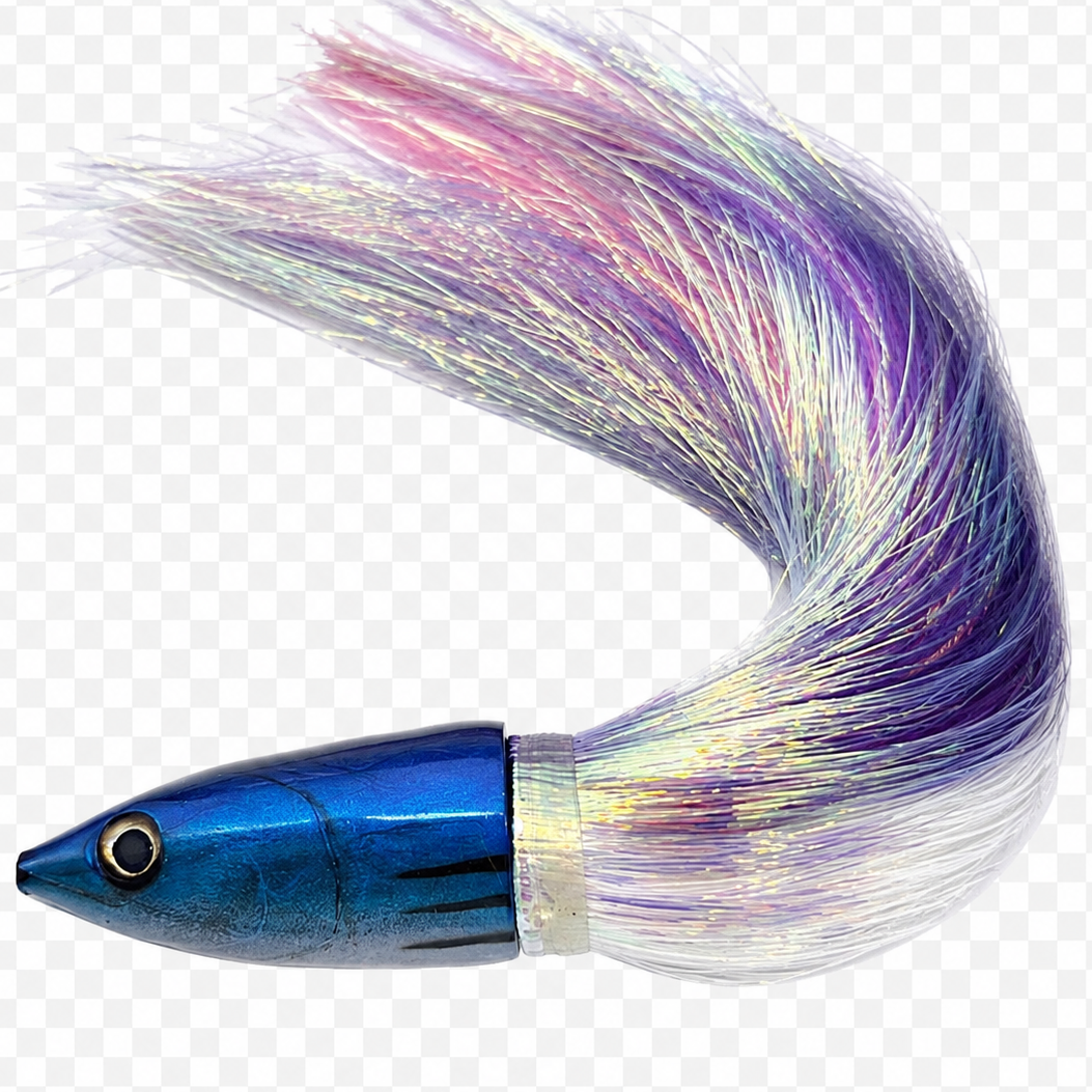 Alii Kai Lures Baby Aku Fish Head 10 Inch Blue Purple -Skirted Flashabou New