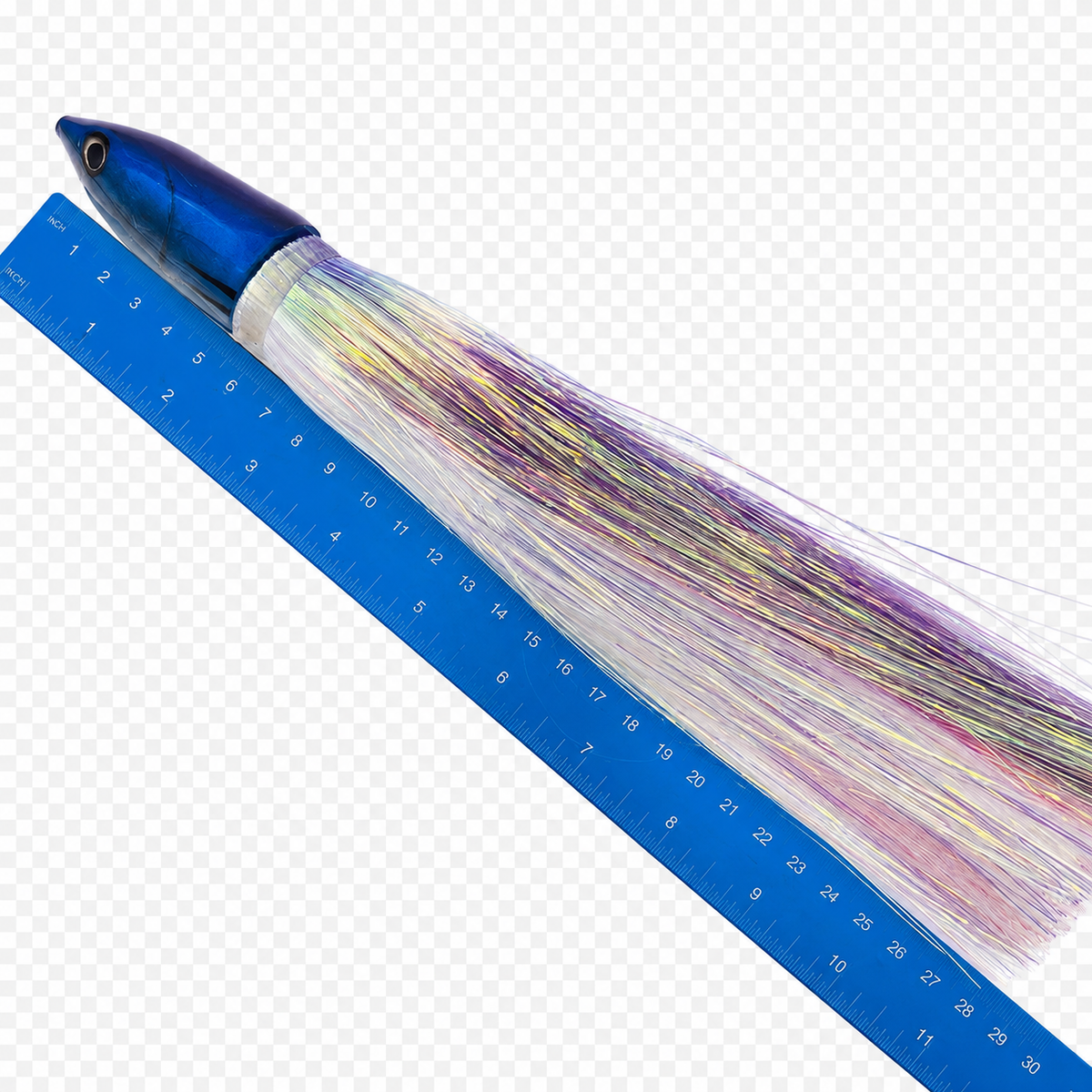 Alii Kai Lures Baby Aku Fish Head 10" Blue & Purple Skirted Flashabou New