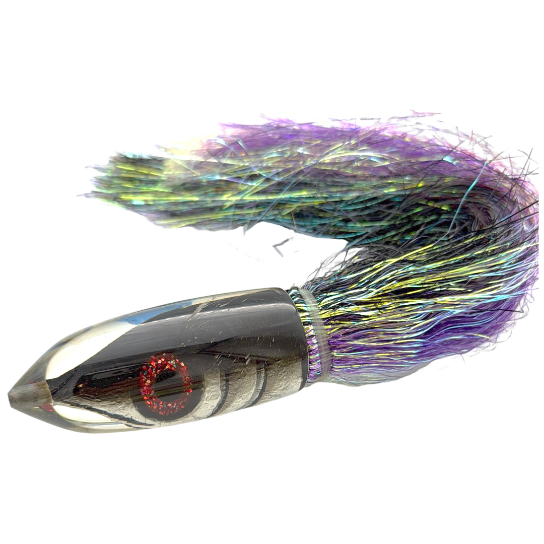 Tsutomu Lures H1 Premium Bullet 9+” Black Fish Head Skirted Flashabou Used