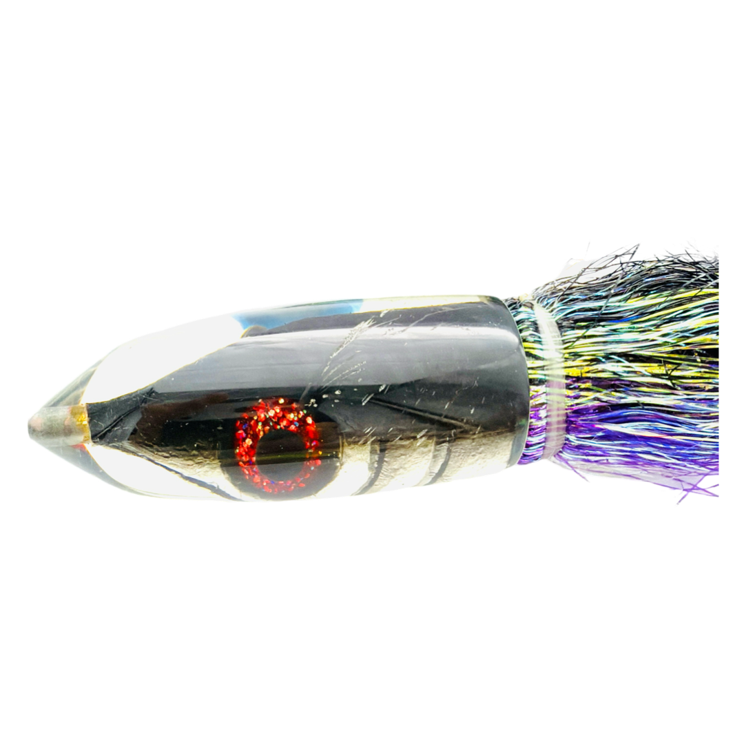Tsutomu Lures H1 Premium Bullet 9+” Black Fish Head Skirted Flashabou Used