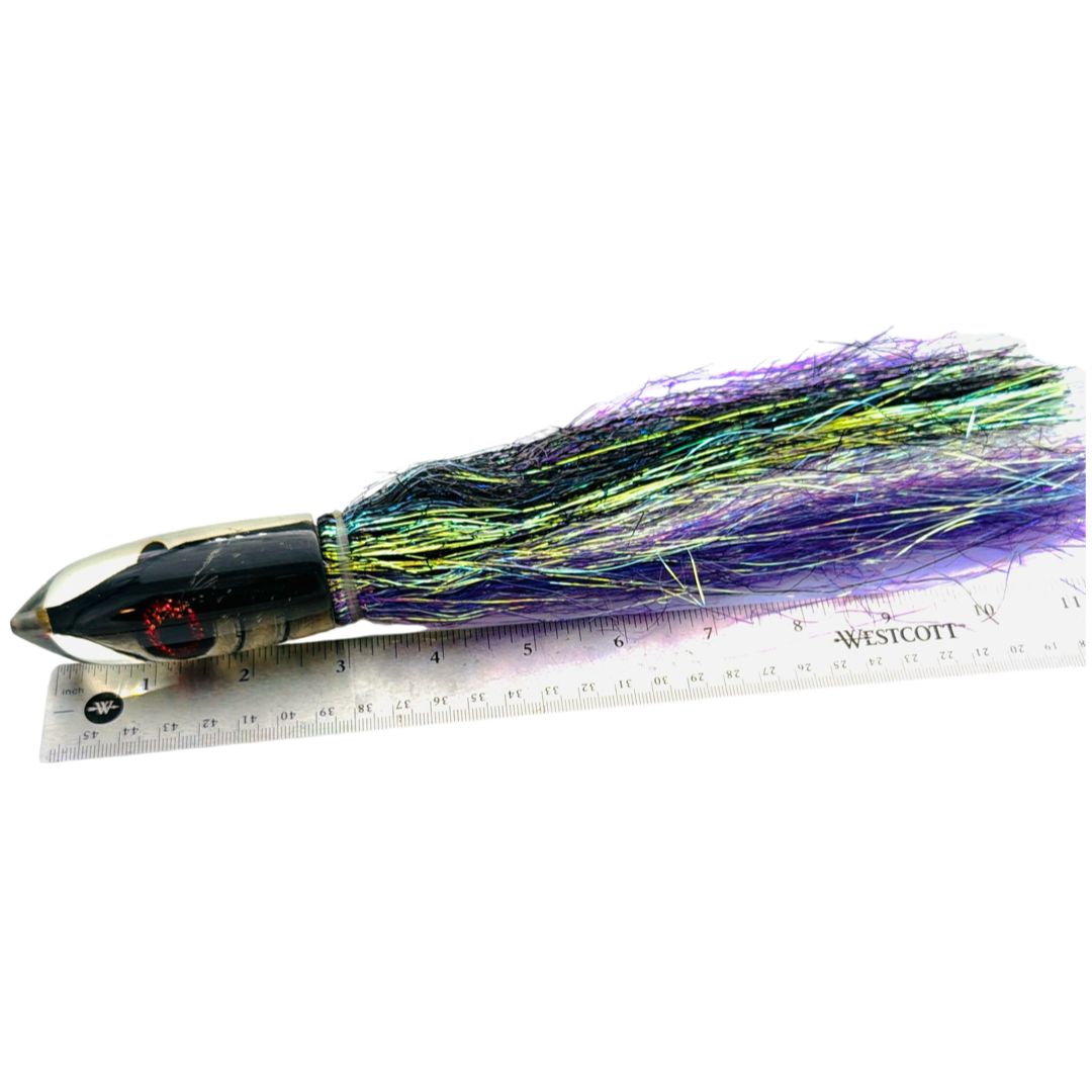 Tsutomu Lures H1 Premium Bullet 9+” Black Fish Head Skirted Flashabou