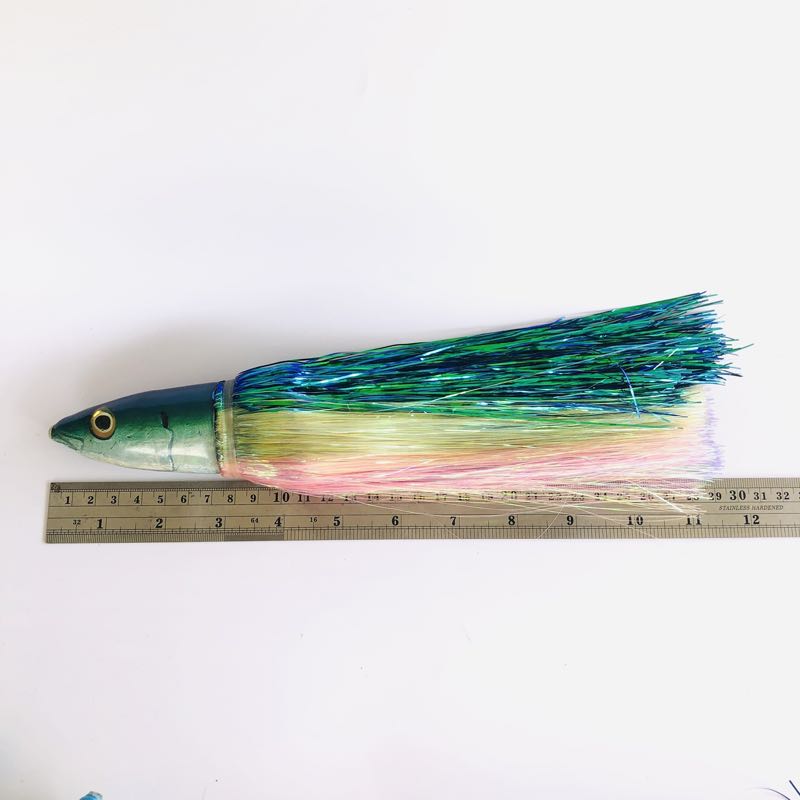 Ali&#39;i Kai Lures-Ali’i Kai Lures Blue Green Fish Head -Keel Weighed Opelu 10&quot; Flashabou - Like New-New Lures