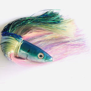 Ali’i Kai Lures Blue Green Fish Head -Keel Weighed Opelu 10" Flashabou - Excellent